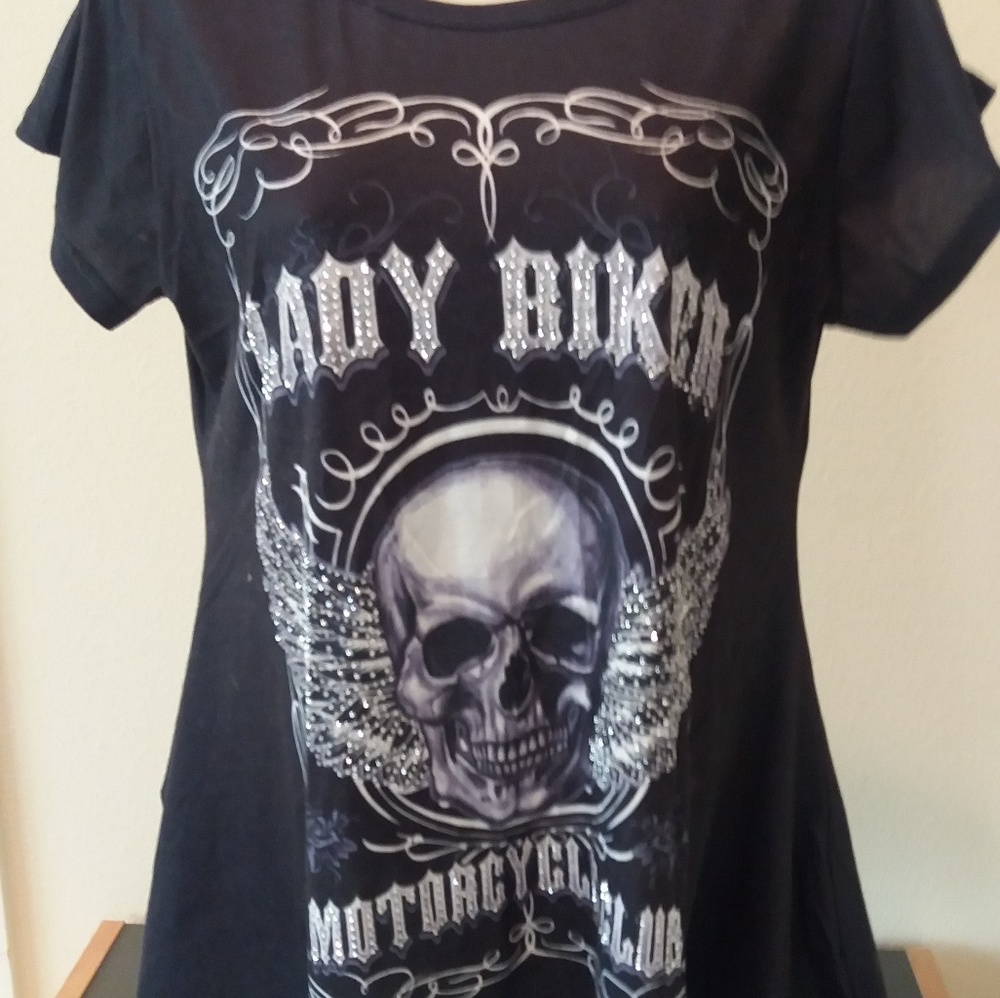 Lady Biker short sleeves.  Skull and lettering emb